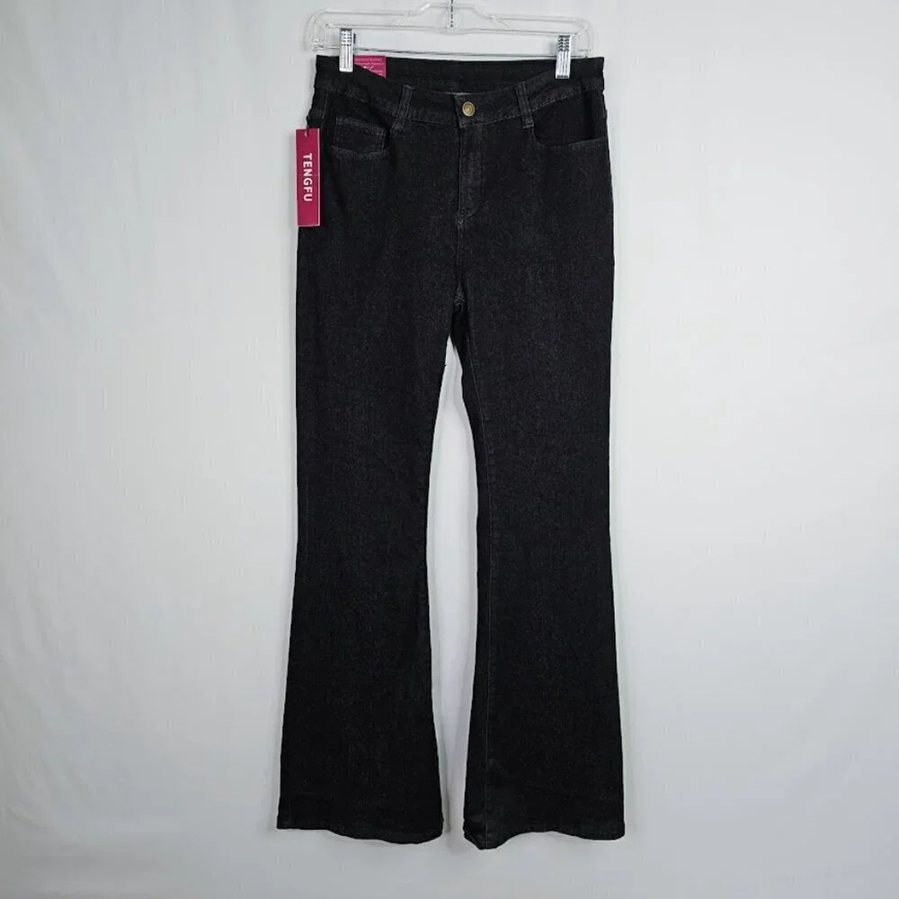 NWT Women's TENGFU Flare Leg Jeans size 4 BLACK High Rise Denim Bootcut Preppy - Picture 2 of 6